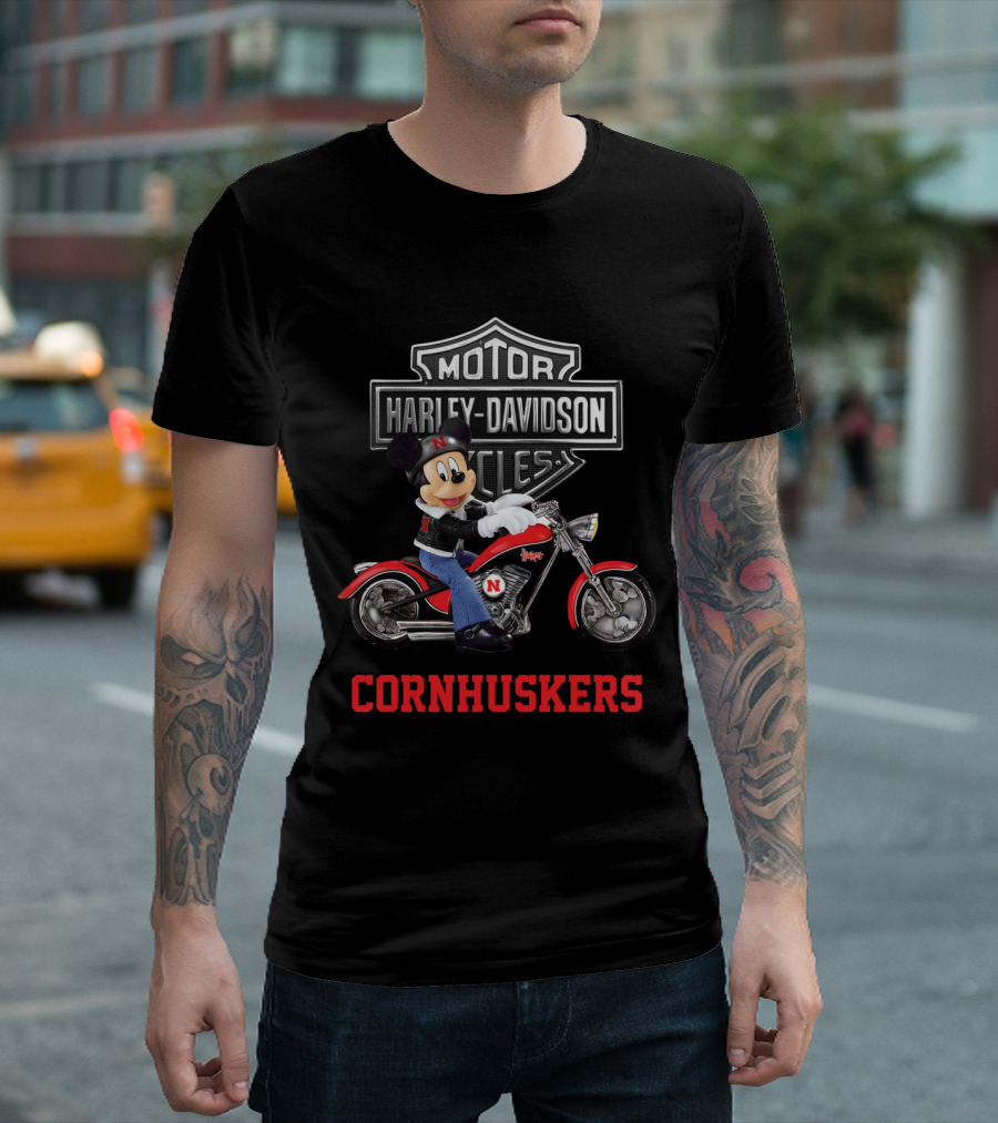 Harley Davidson Motorcycles Nebraska Cornhuskers Mickey Mouse T-Shirt
