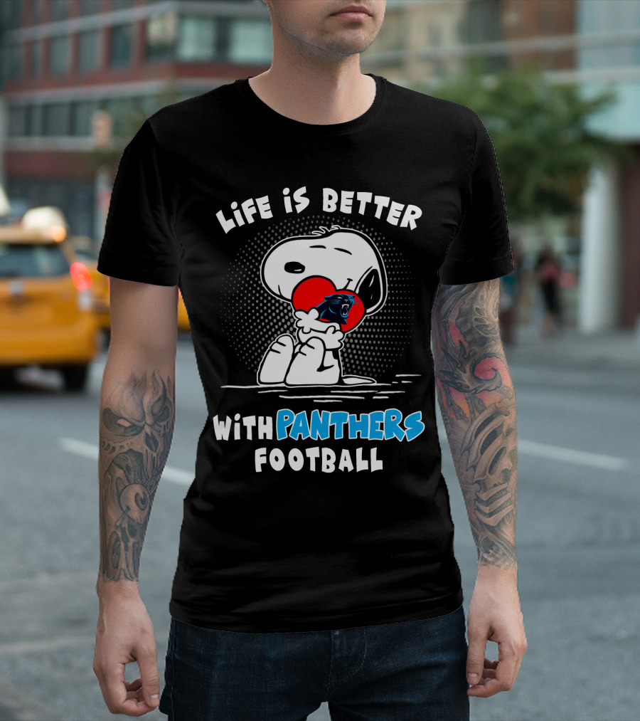 Life Is Better With Panthers Football Snoopy Hugging Heart T-Shirt