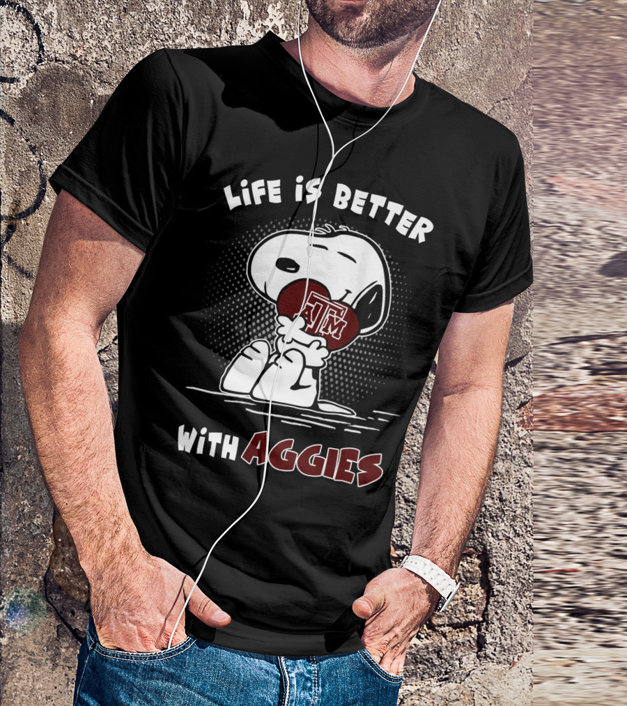 Life Is Better With Aggies Texas A&M Snoopy Hugging Football T-Shirt