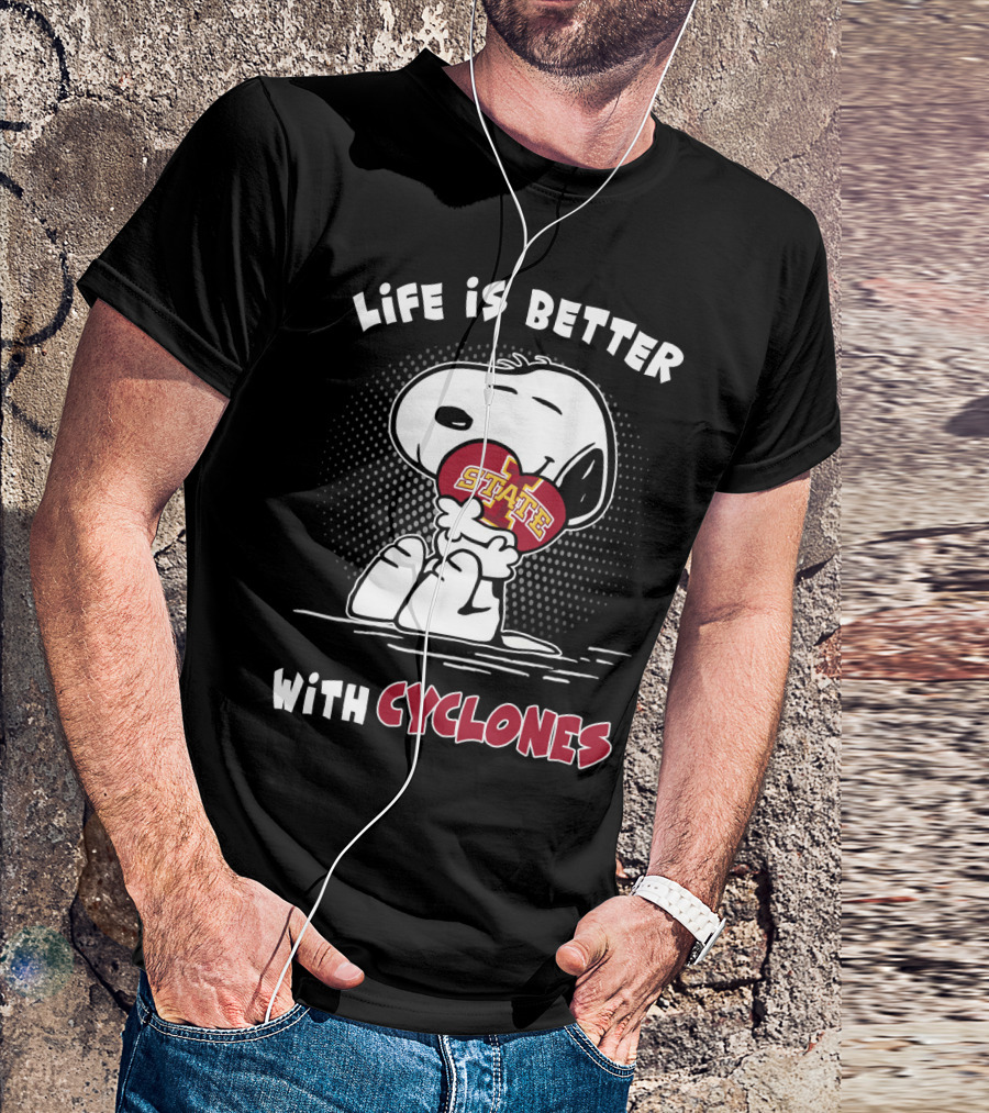 Life Is Better With Cyclones Iowa State Snoopy Hugging Football T-Shirt