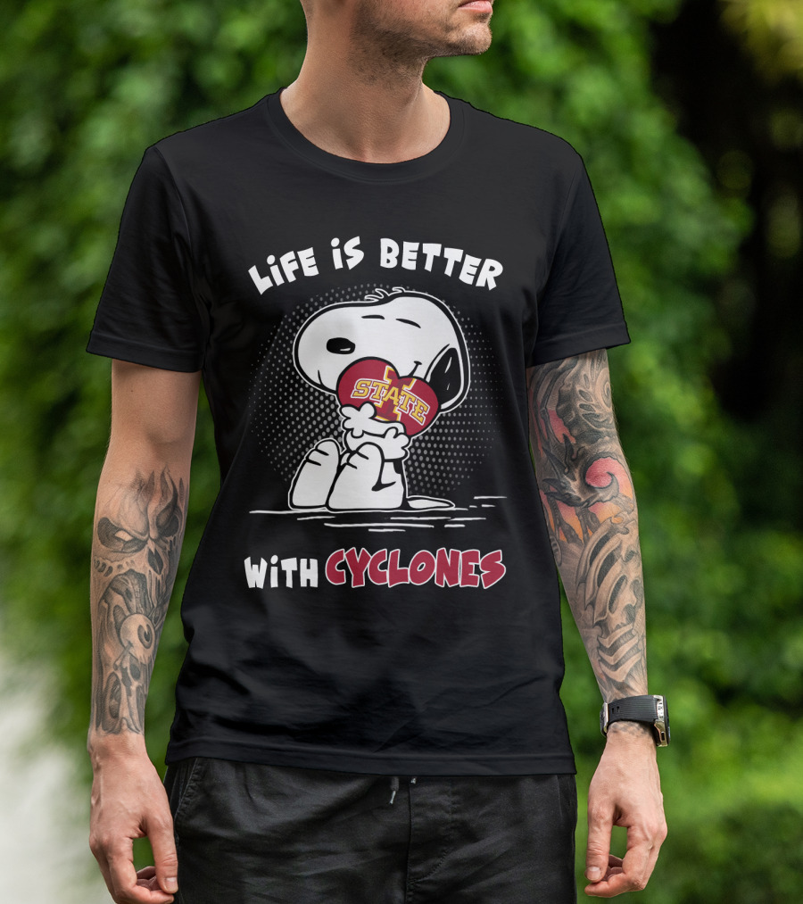Life Is Better With Cyclones Iowa State Snoopy Hugging Football T-Shirt