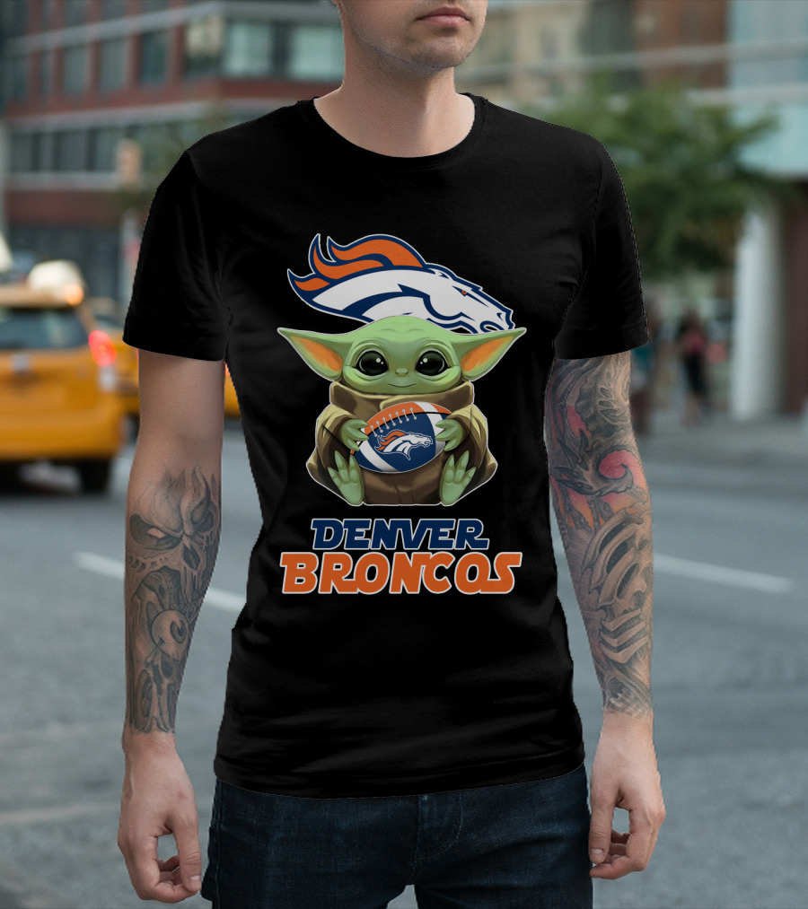 Denver Broncos Grogu Holding Football T-Shirt