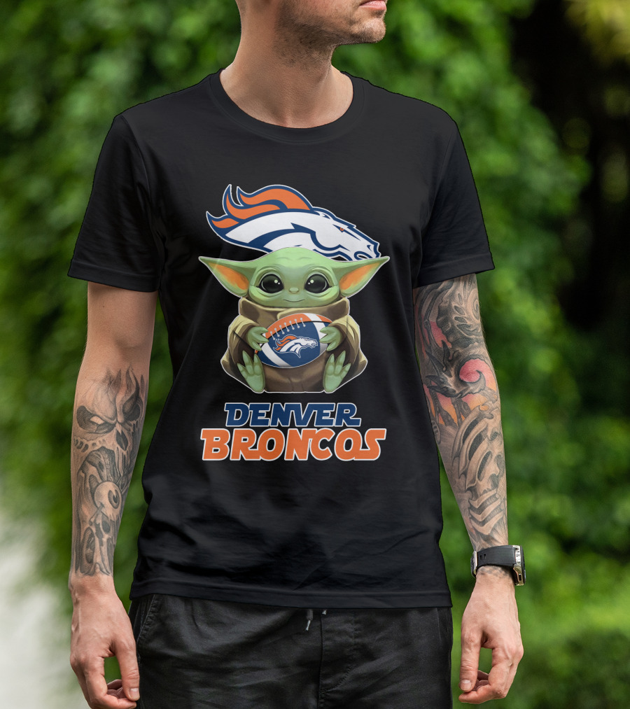 Denver Broncos Grogu Holding Football T-Shirt