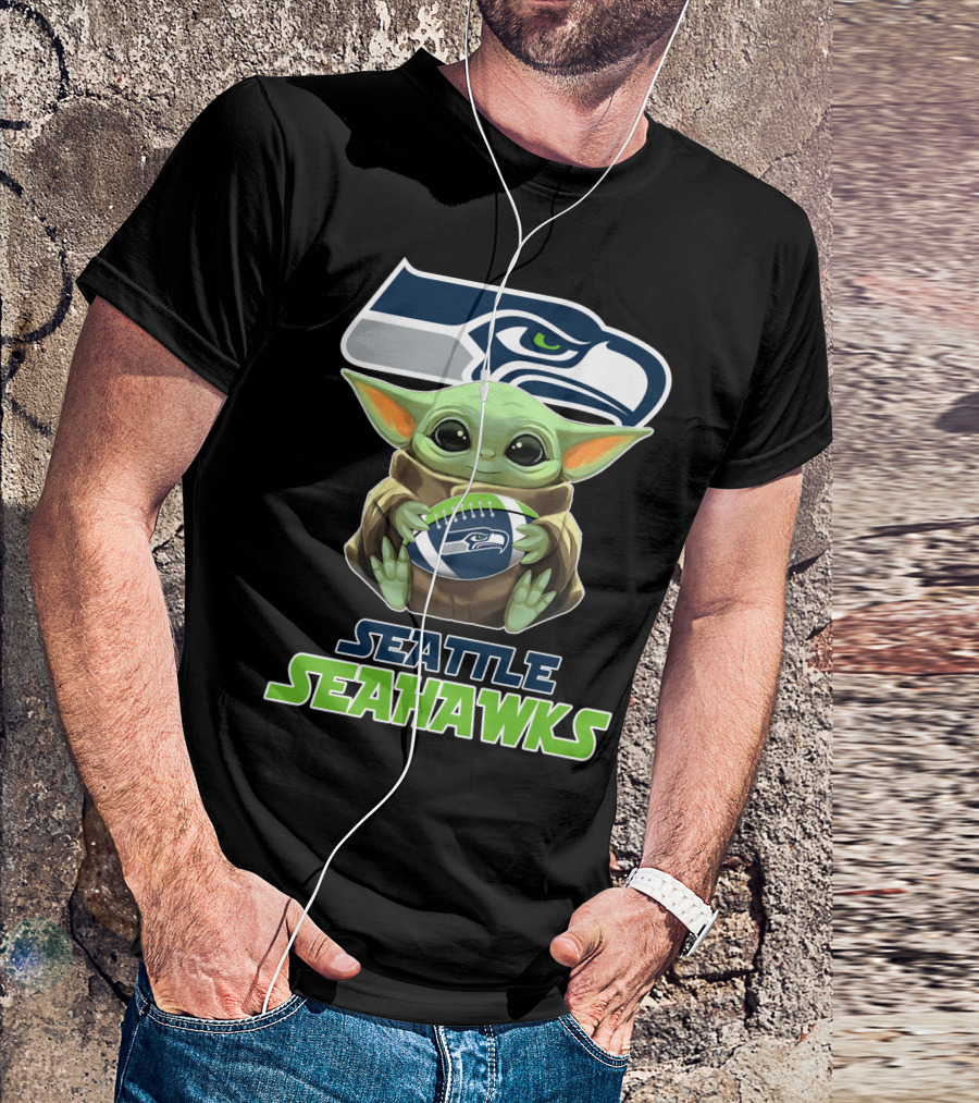 Seattle Seahawks Baby Yoda Holding Football Fan T-Shirt