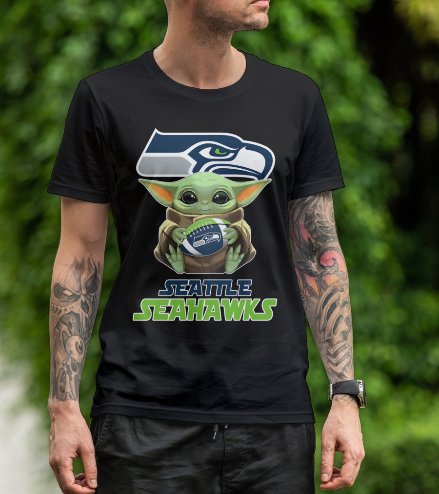 Seattle Seahawks Baby Yoda Holding Football Fan T-Shirt