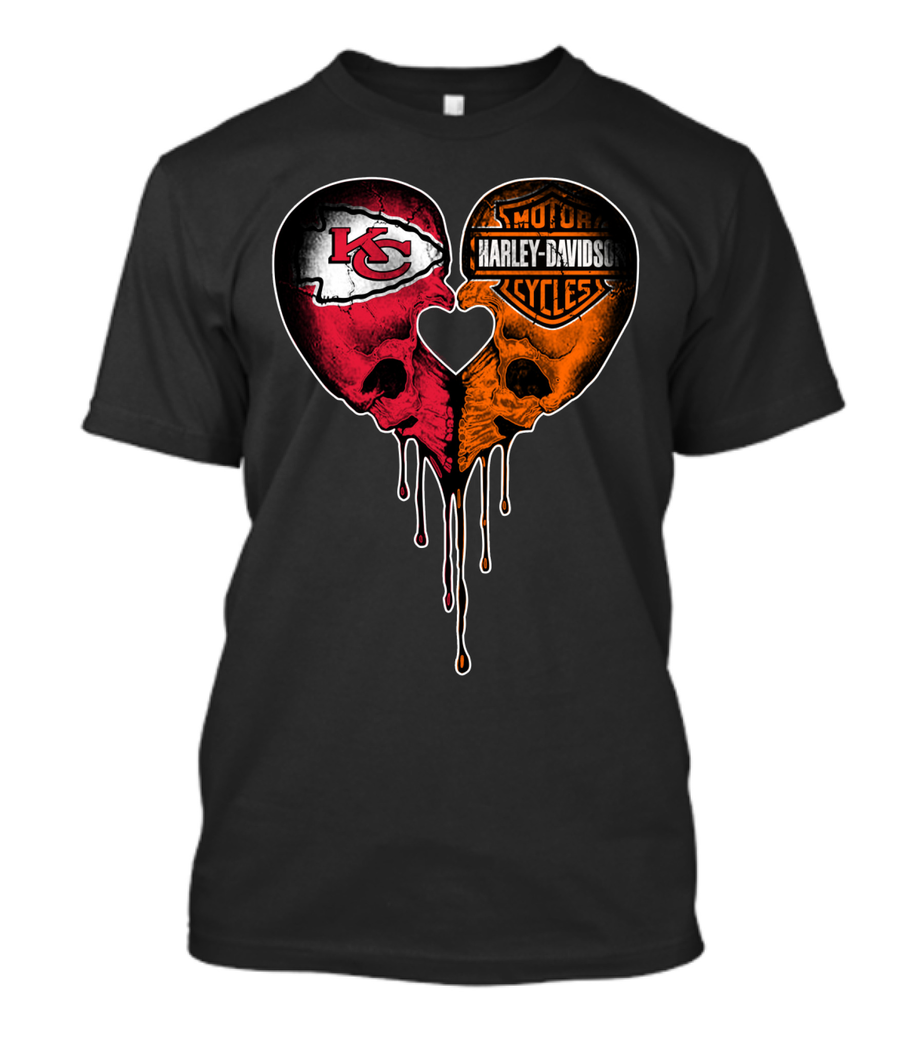 Kansas City Chiefs Harley Davidson Heart Skulls Fan T-Shirt