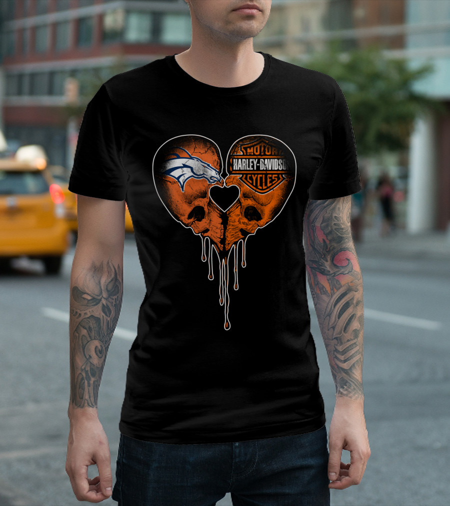 Denver Broncos Harley Davidson Dripping Skull Heart T-Shirt