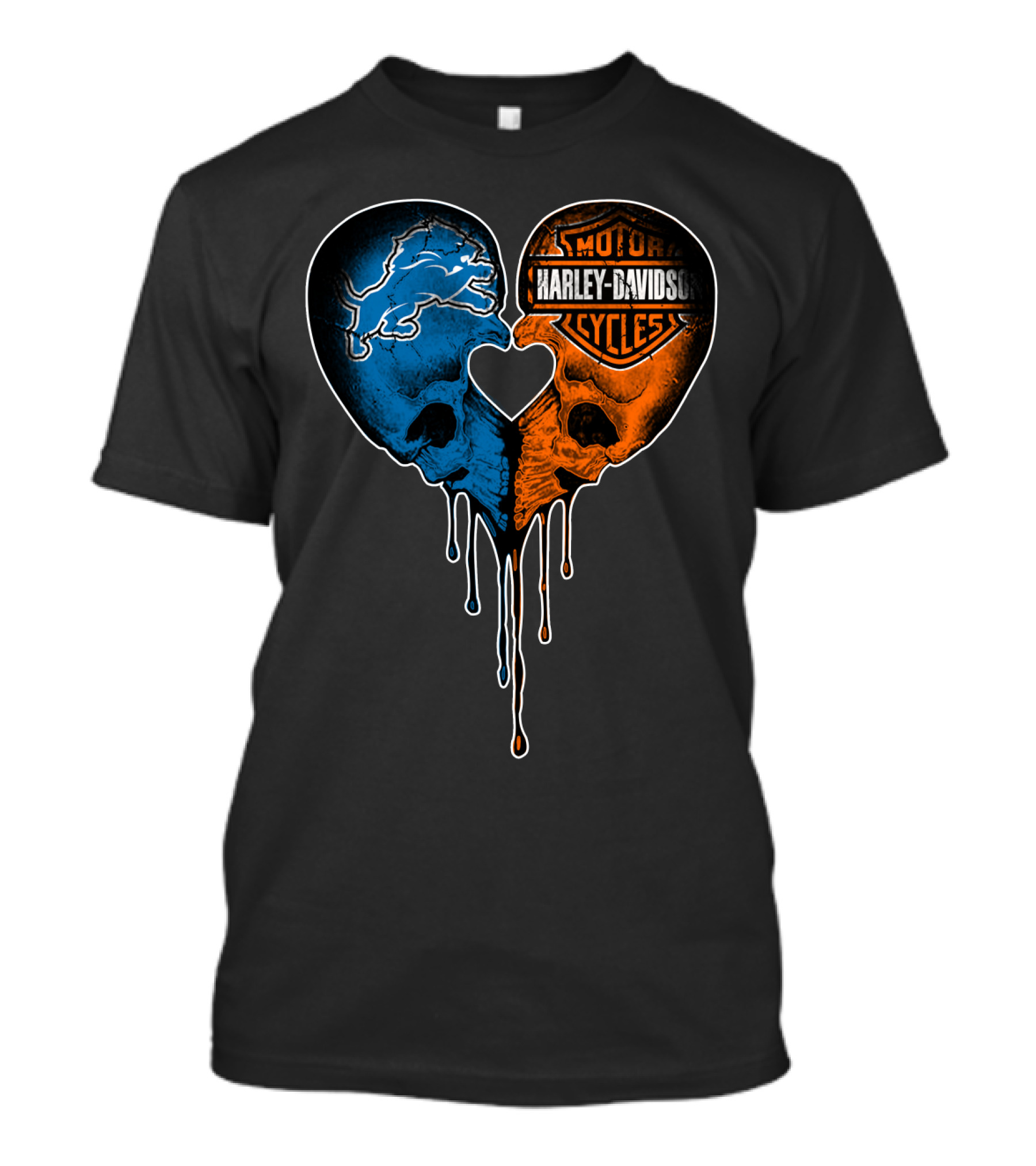Detroit Lions And Harley Davidson Skulls Heart Fusion T-Shirt