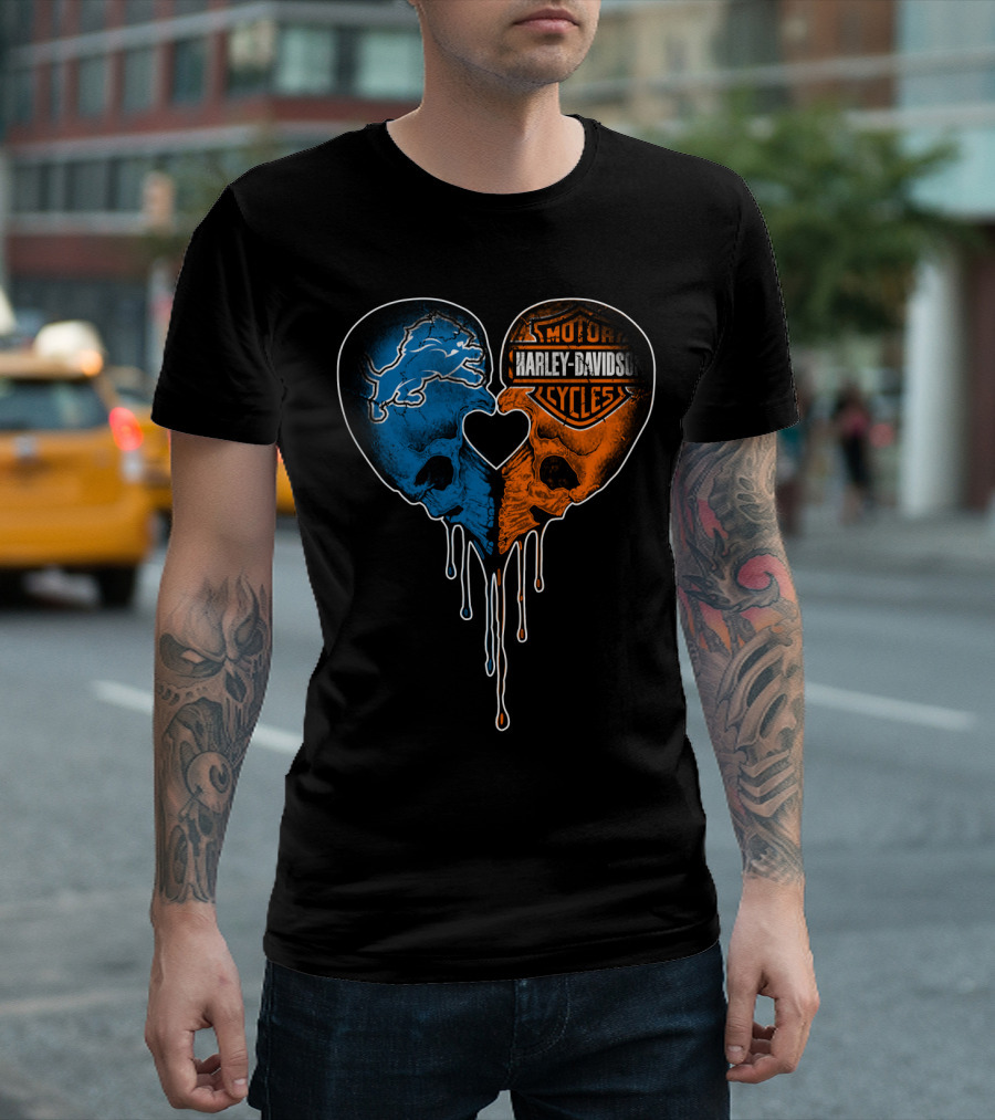 Detroit Lions And Harley Davidson Skulls Heart Fusion T-Shirt