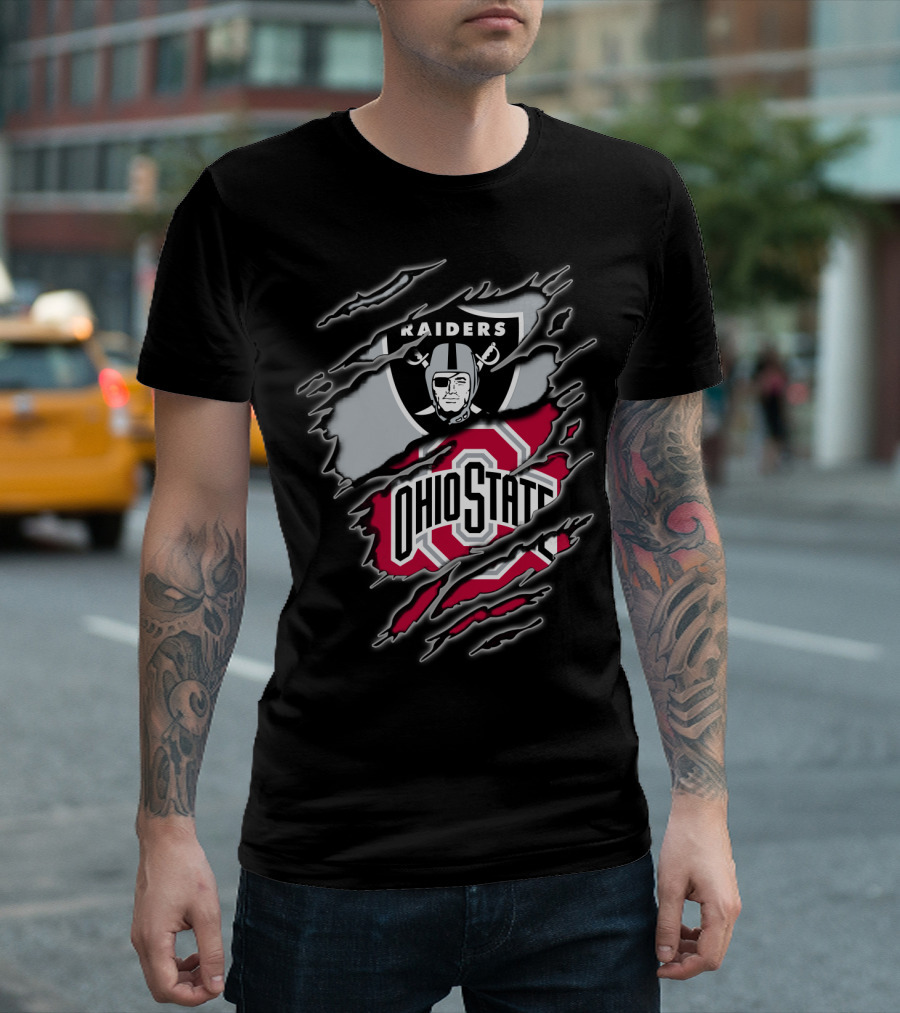 Raiders And Ohio State Fan Emblem Tear T-Shirt