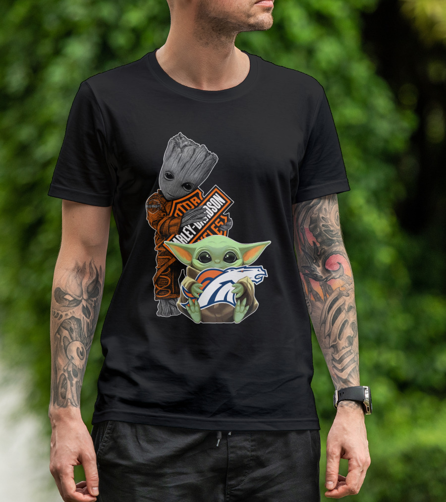 Harley Davidson Groot Baby Yoda Denver Broncos Nfl Collaboration T-Shirt