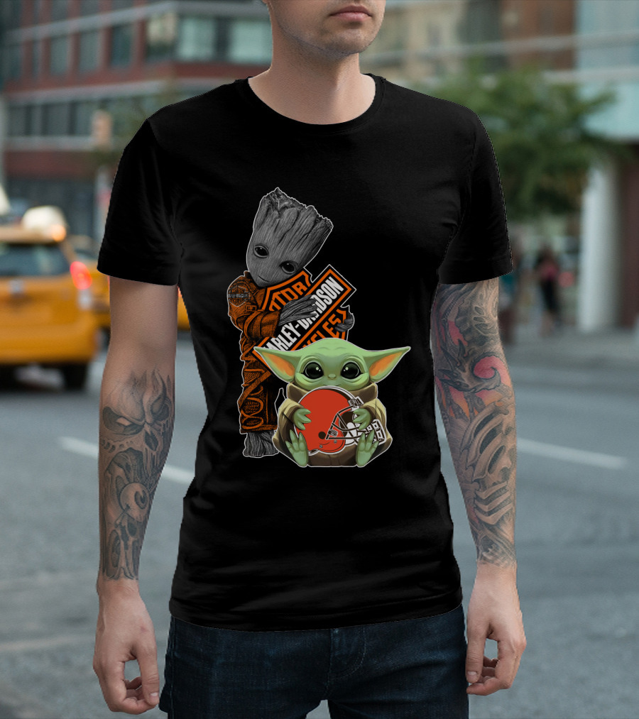 Harley Davidson Groot Baby Yoda Cleveland Browns Football T-Shirt