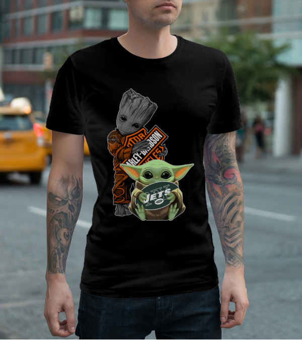 Groot Harley Davidson And Baby Yoda Jets Fan Collaboration T-Shirt