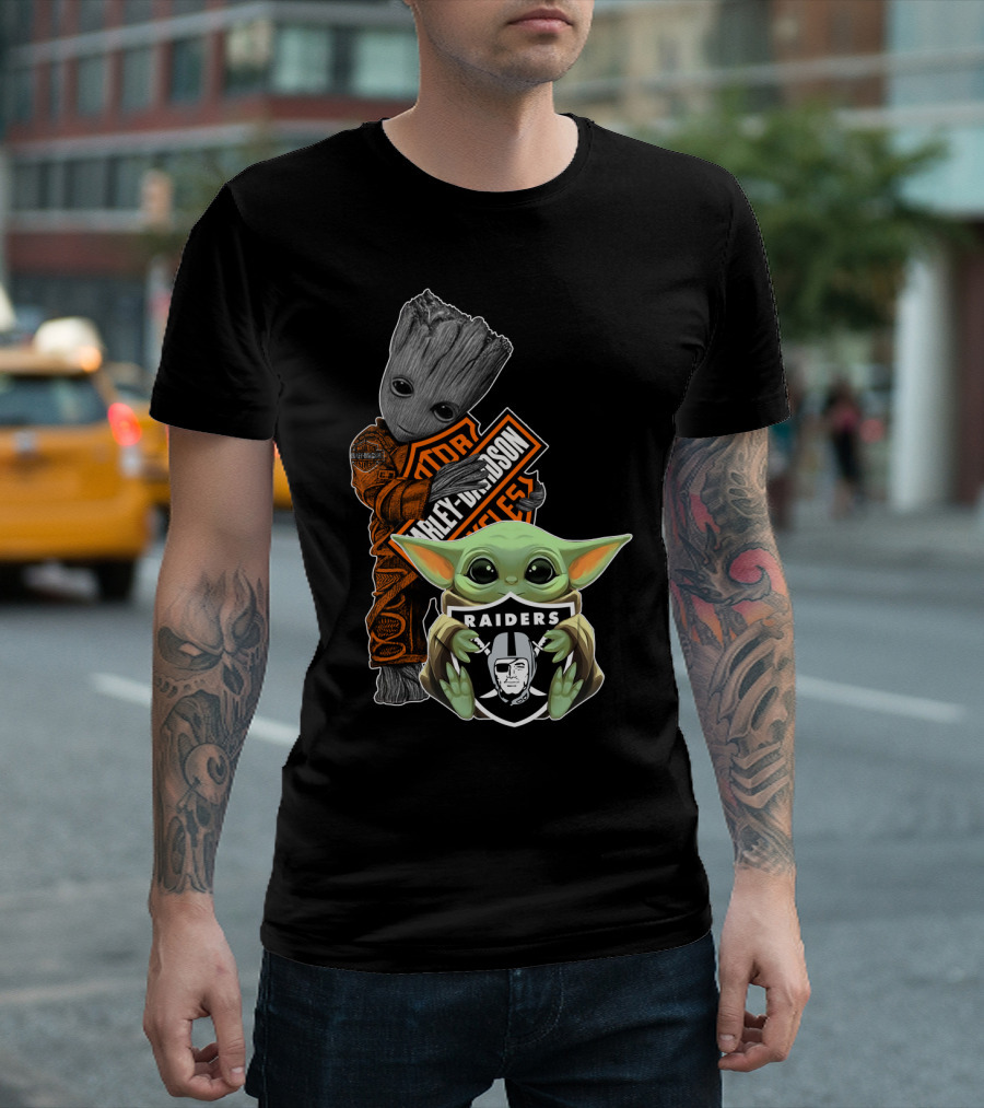 Groot Baby Yoda Harley Davidson Oakland Raiders Collaboration T-Shirt