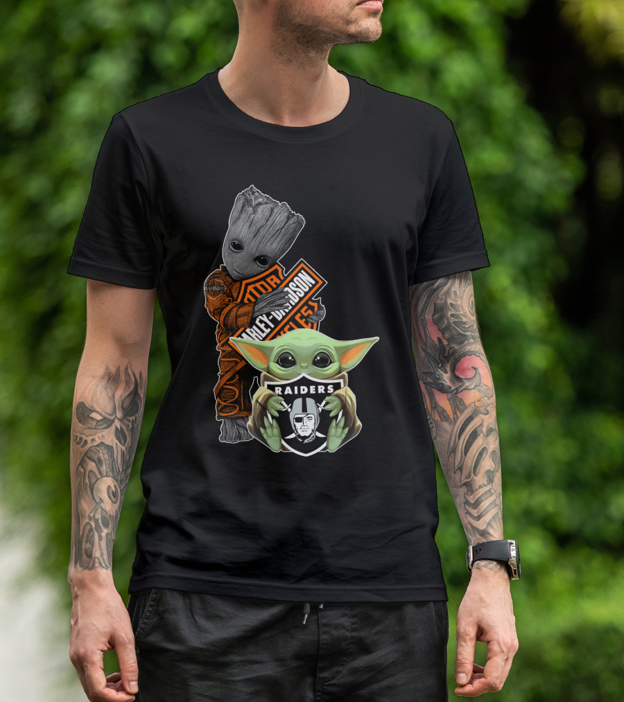 Groot Baby Yoda Harley Davidson Oakland Raiders Collaboration T-Shirt