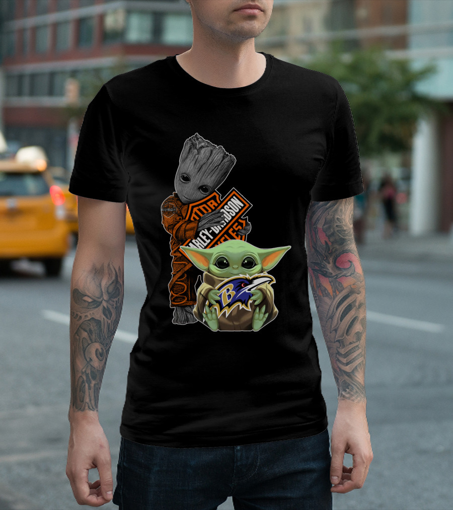 Harley Davidson Groot And Baltimore Ravens Baby Yoda T-Shirt