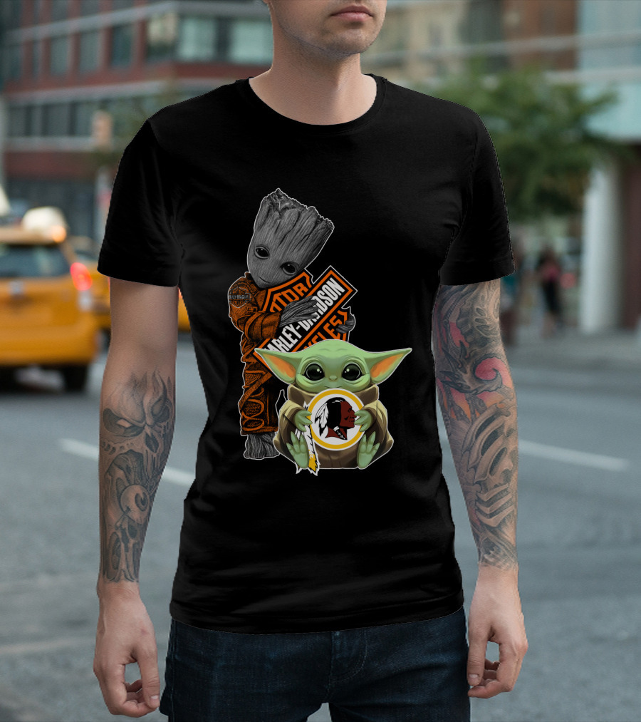 Groot Holding Harley Davidson Logo With Baby Yoda And Washington Redskins Symbol T-Shirt