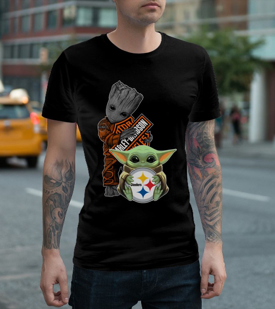 Baby Yoda And Groot Harley Davidson Steelers Crossover T-Shirt