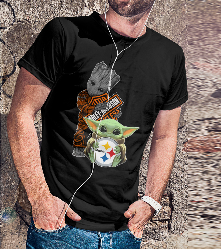Baby Yoda And Groot Harley Davidson Steelers Crossover T-Shirt