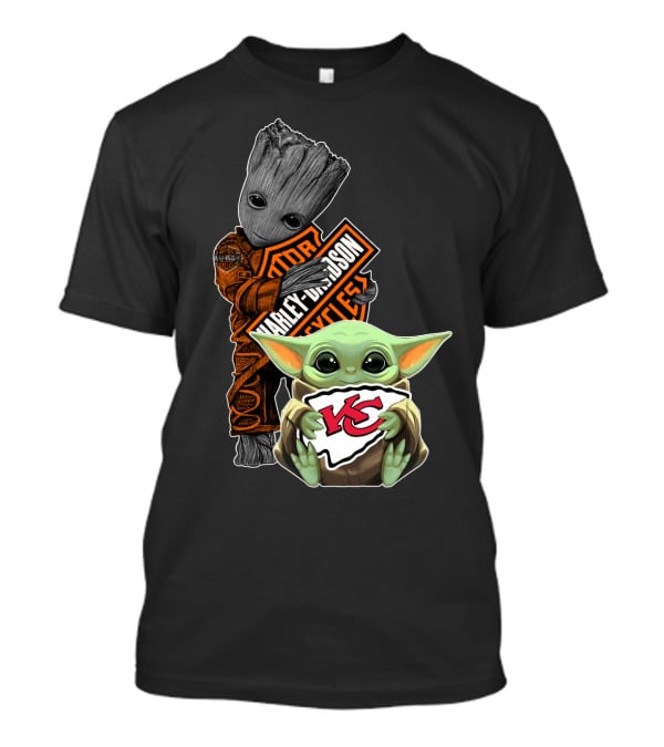 Harley Davidson Groot With Kansas City Chiefs Baby Yoda T-Shirt