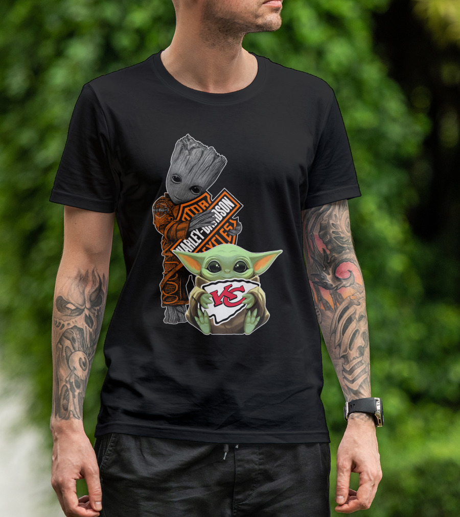 Harley Davidson Groot With Kansas City Chiefs Baby Yoda T-Shirt