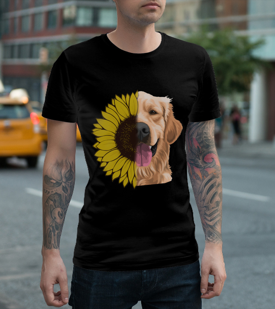 Golden Retriever Sunflower Half Face T-Shirt