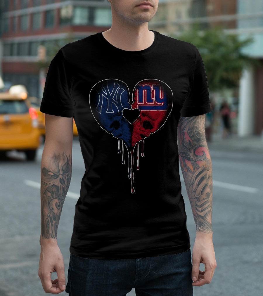 Yankees Giants Heart Skull Dripping Logos Blue Red Black T-Shirt