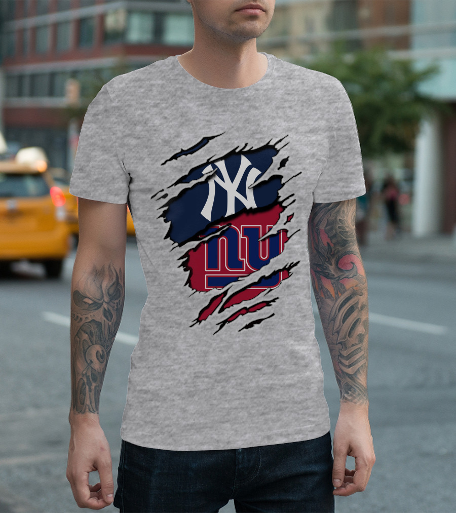 New York Yankees New York Giants Ripped Torn Combo T-Shirt