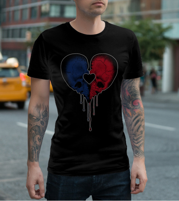 Split Red And Blue Skull Heart Dripping T-Shirt