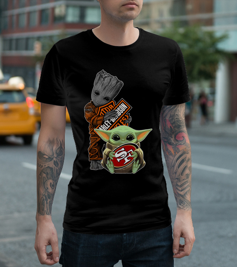 49ers S-F Logo Harley Davidson Orange Black Star Wars Groot Baby Yoda T-Shirt