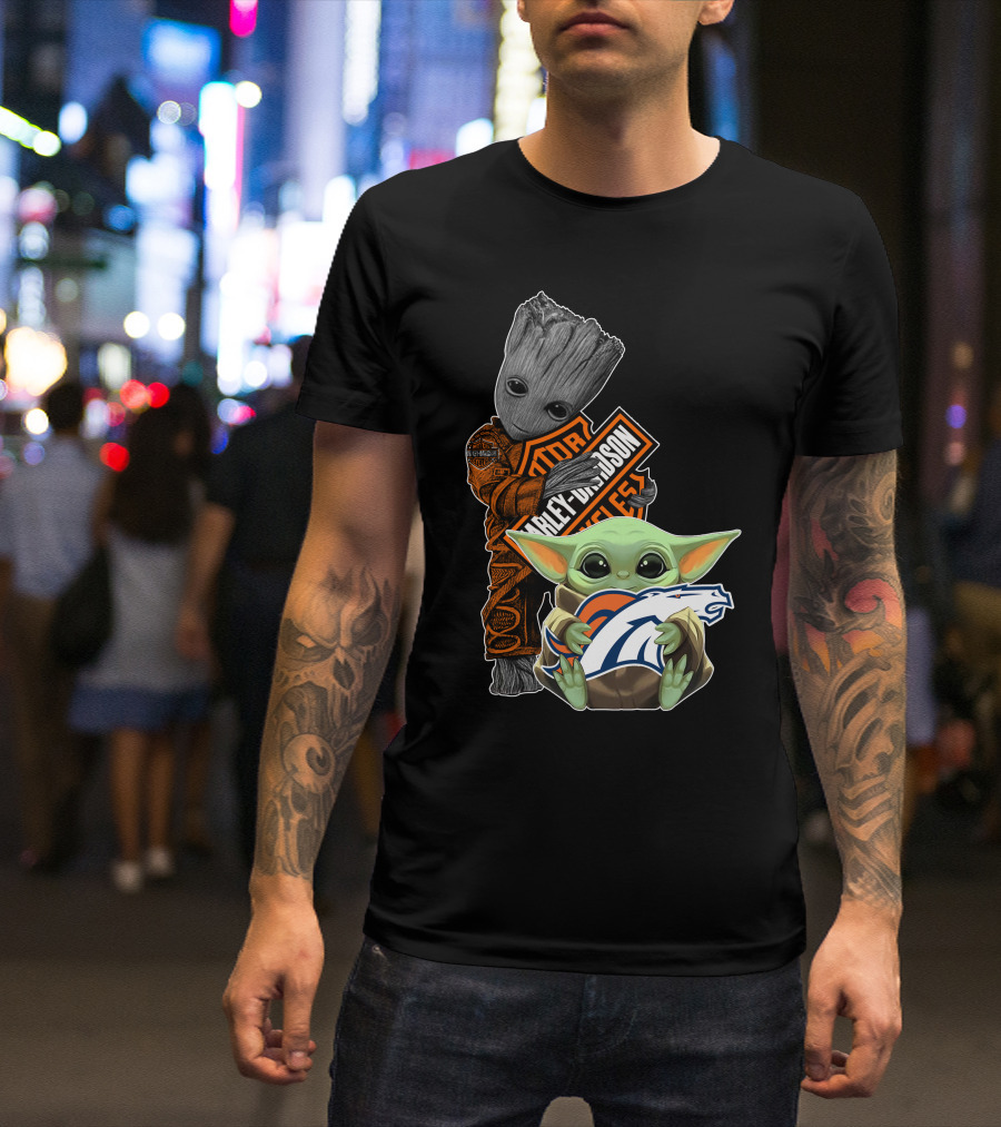 Baby Yoda Holding Broncos Logo Harley Davidson Guardians Of Galaxy Crossover T-Shirt