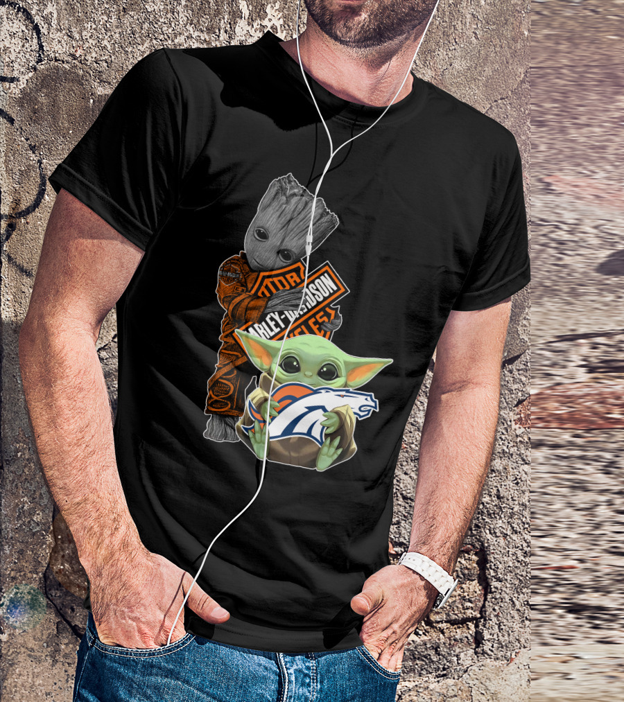 Baby Yoda Holding Broncos Logo Harley Davidson Guardians Of Galaxy Crossover T-Shirt