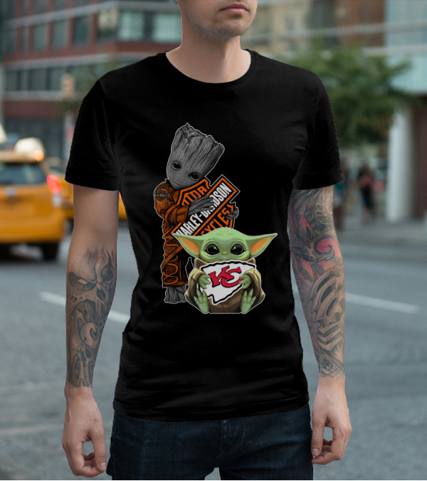 Groot Harley Davidson Logo Baby Yoda Kansas City Chiefs T-Shirt