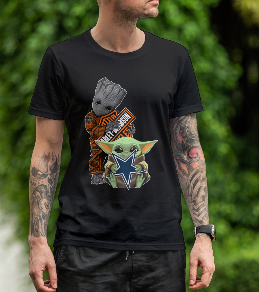 Groot Harley Davidson Star Holding Mandalorian Baby Yoda Cowboys T-Shirt