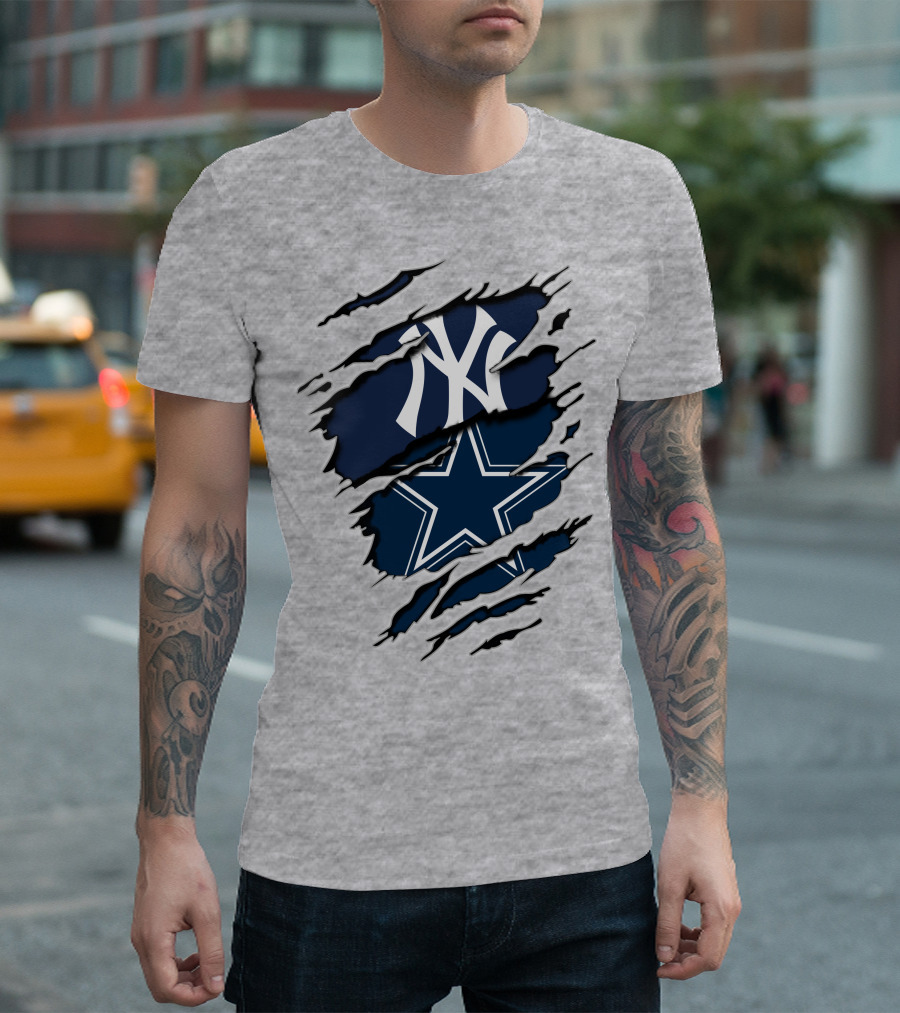 Cowboys Yankees Logo Mashup on Torn Background Gray T-Shirt