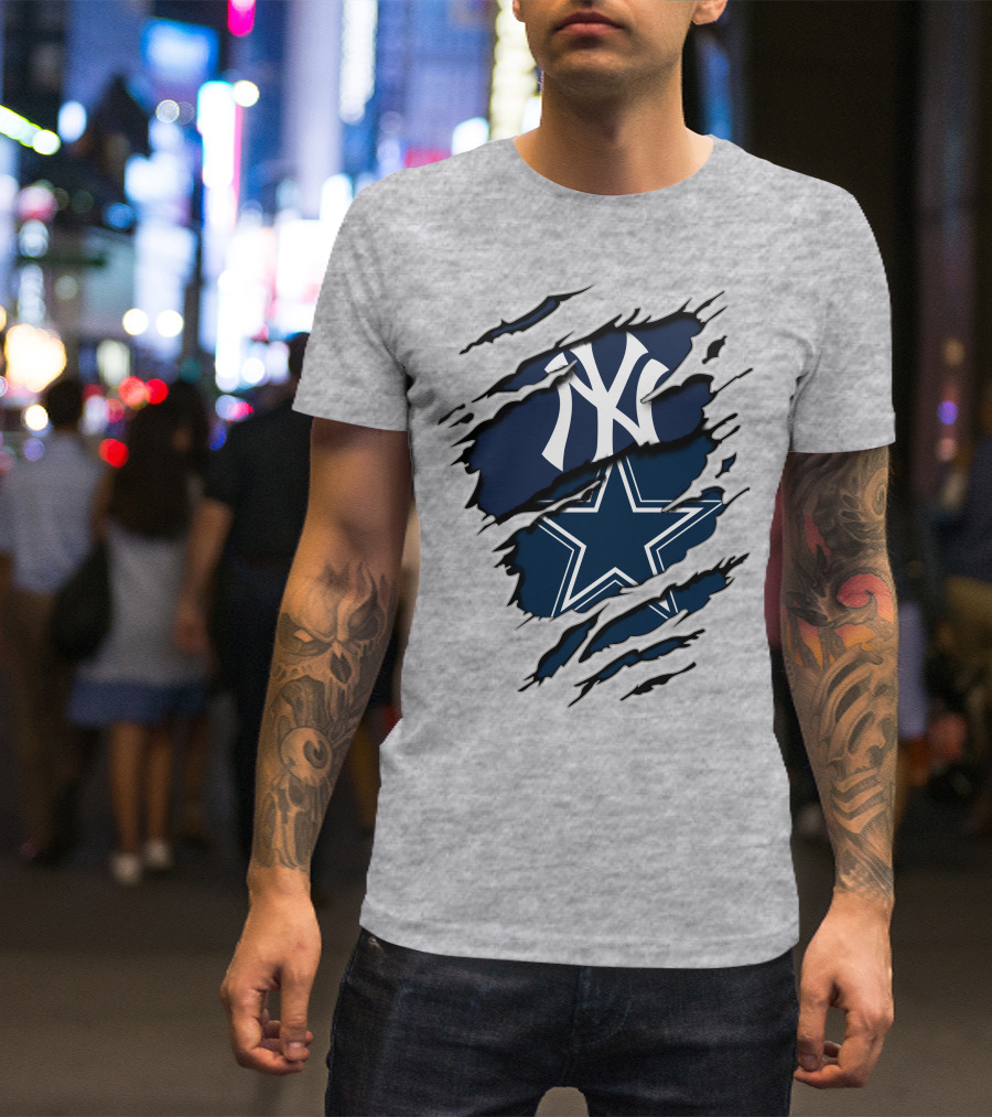 Cowboys Yankees Logo Mashup On Torn Background Gray T-Shirt