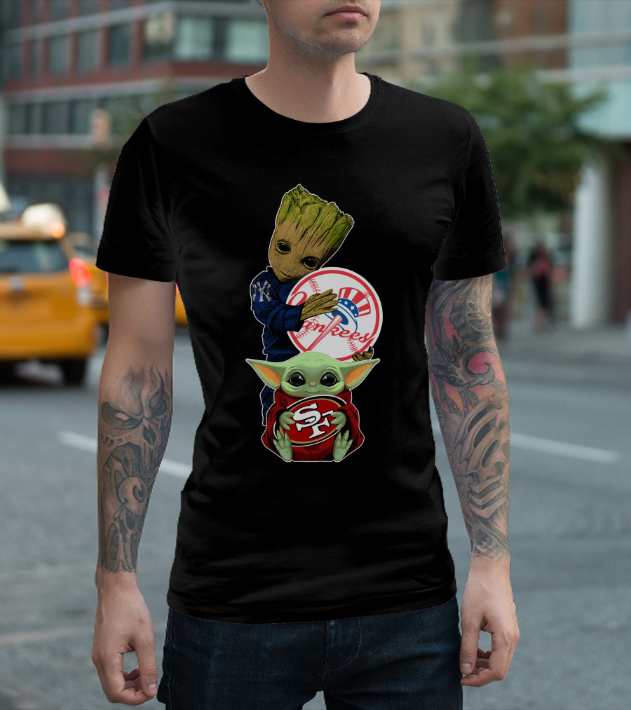 Groot Yankees Logo And Baby Yoda 49ers Sf Team Crossover T-Shirt