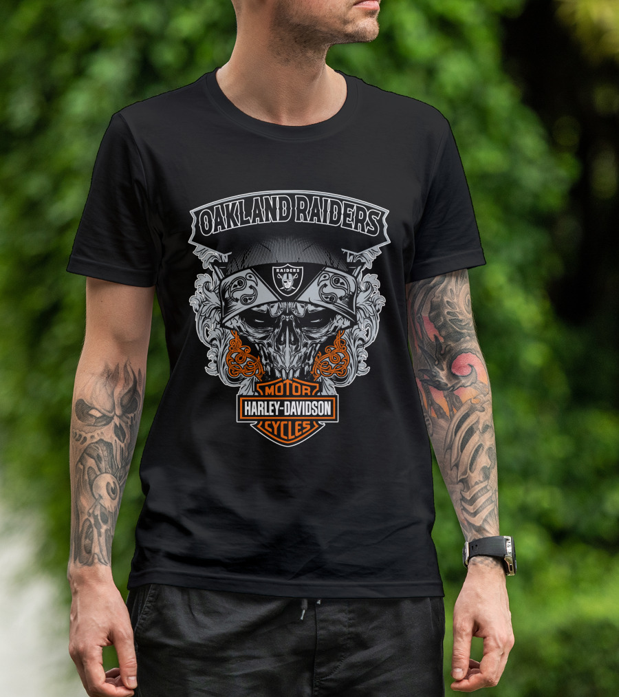 Oakland Raiders Harley Davidson Motorcycles Skull T-Shirt