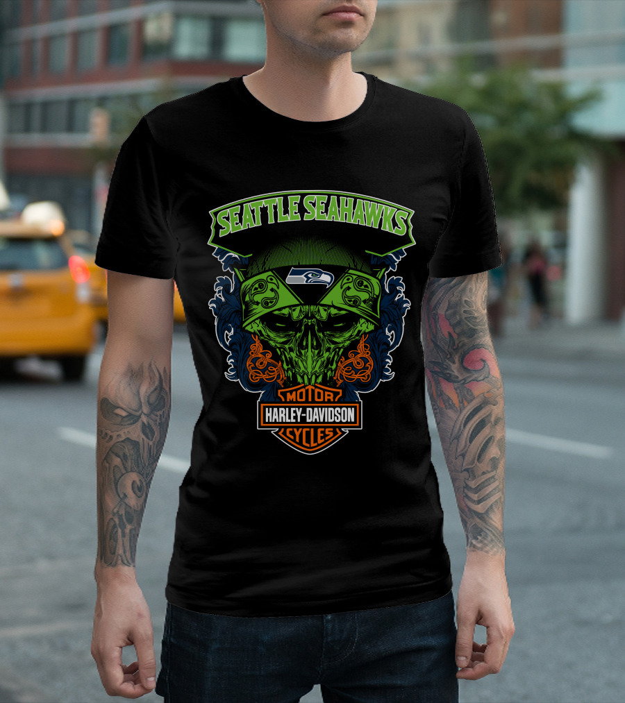 Seattle Seahawks Harley Davidson Skull Motor Cycles T-Shirt