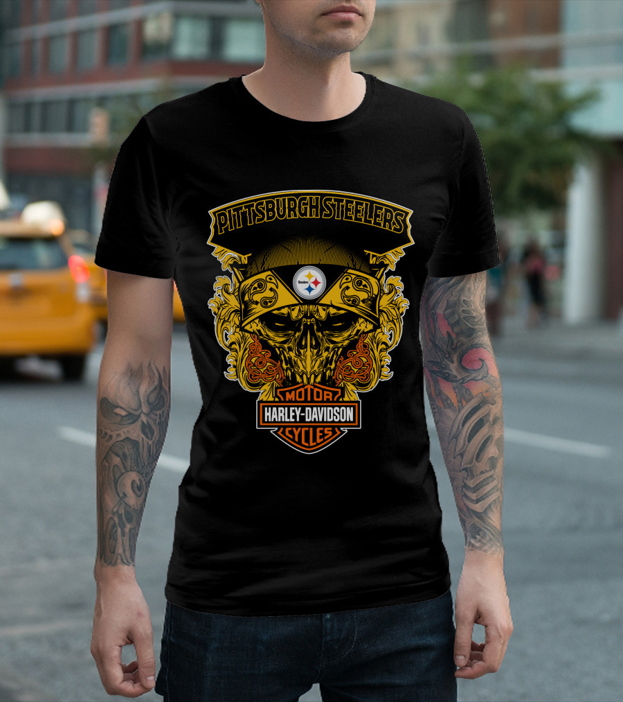 Pittsburgh Steelers Harley Davidson Motorcycles Skull T-Shirt