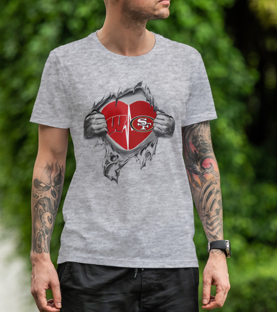 San Francisco 49ers Wisconsin Badgers Heart Logo Fusion T-Shirt