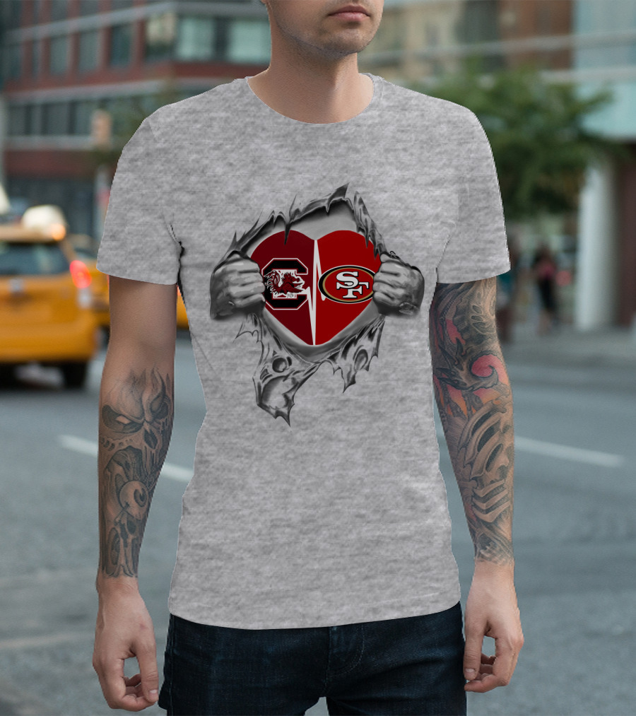 49Ers Gamecocks Heart Design with South Carolina and San Francisco T-Shirt