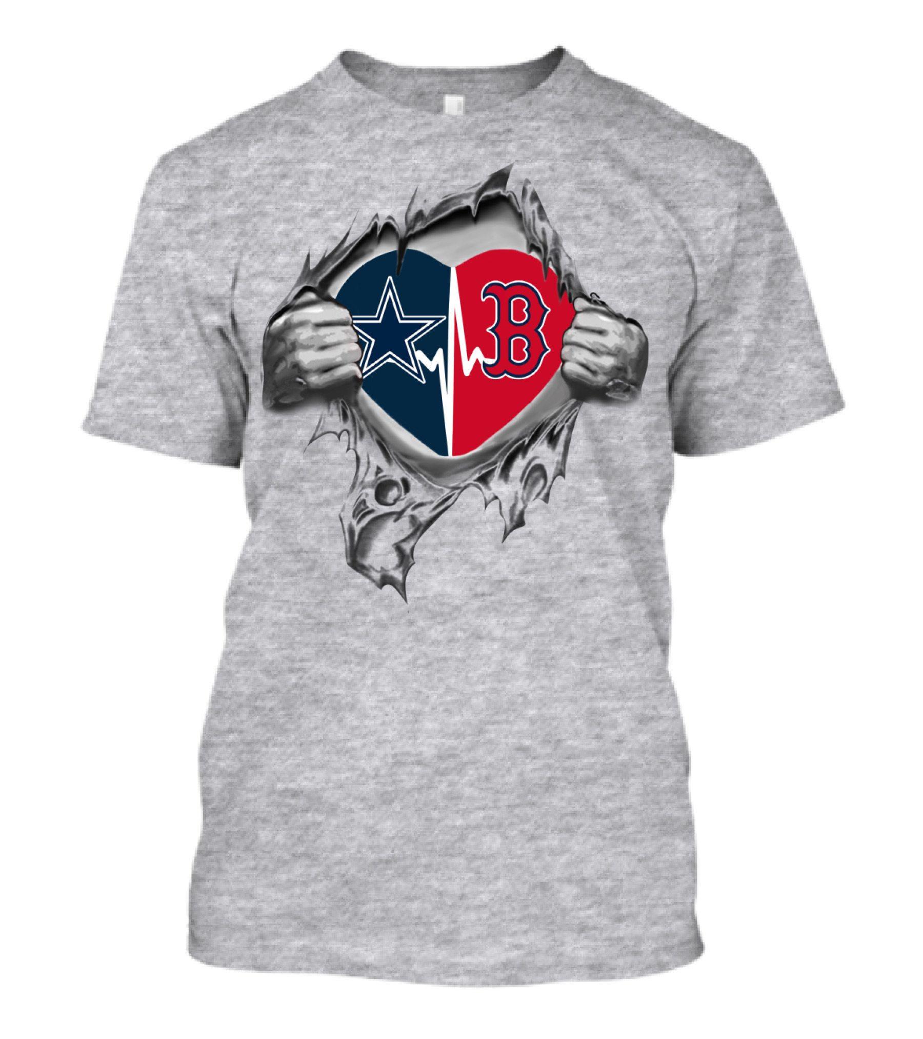Cowboys Redsoxs Heart With Star Logo And Red B On Torn Gray Background T-Shirt