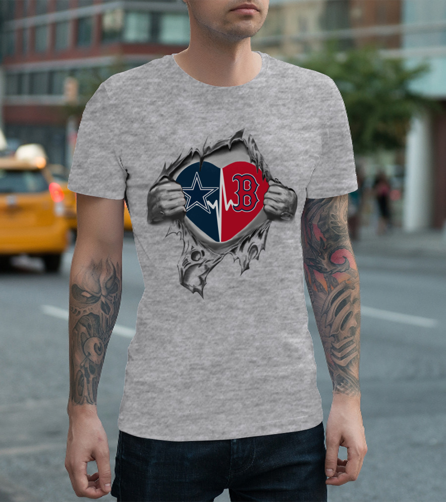Cowboys Redsoxs Heart With Star Logo And Red B On Torn Gray Background T-Shirt