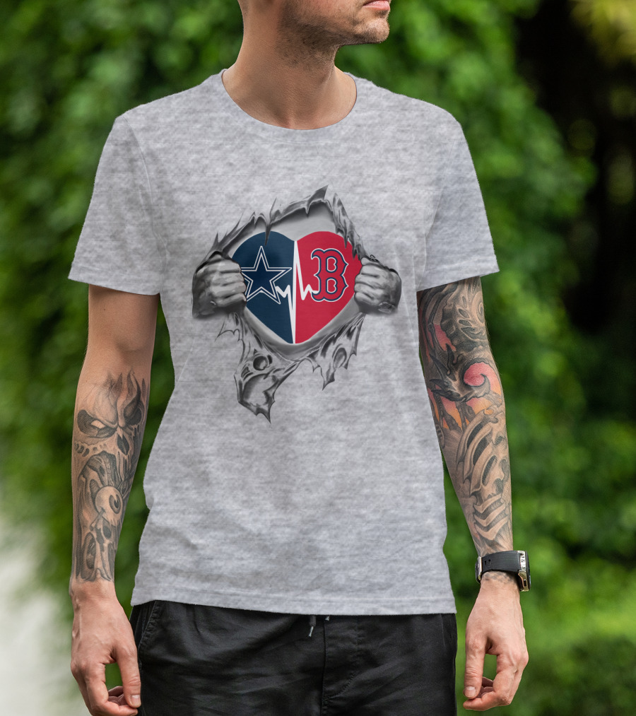 Cowboys Redsoxs Heart With Star Logo And Red B On Torn Gray Background T-Shirt