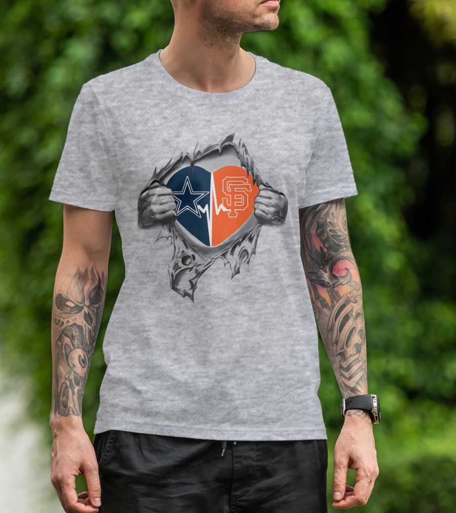 Cowboys Giants It's In My Heart Star And SF Logo Heartbeat T-Shirt