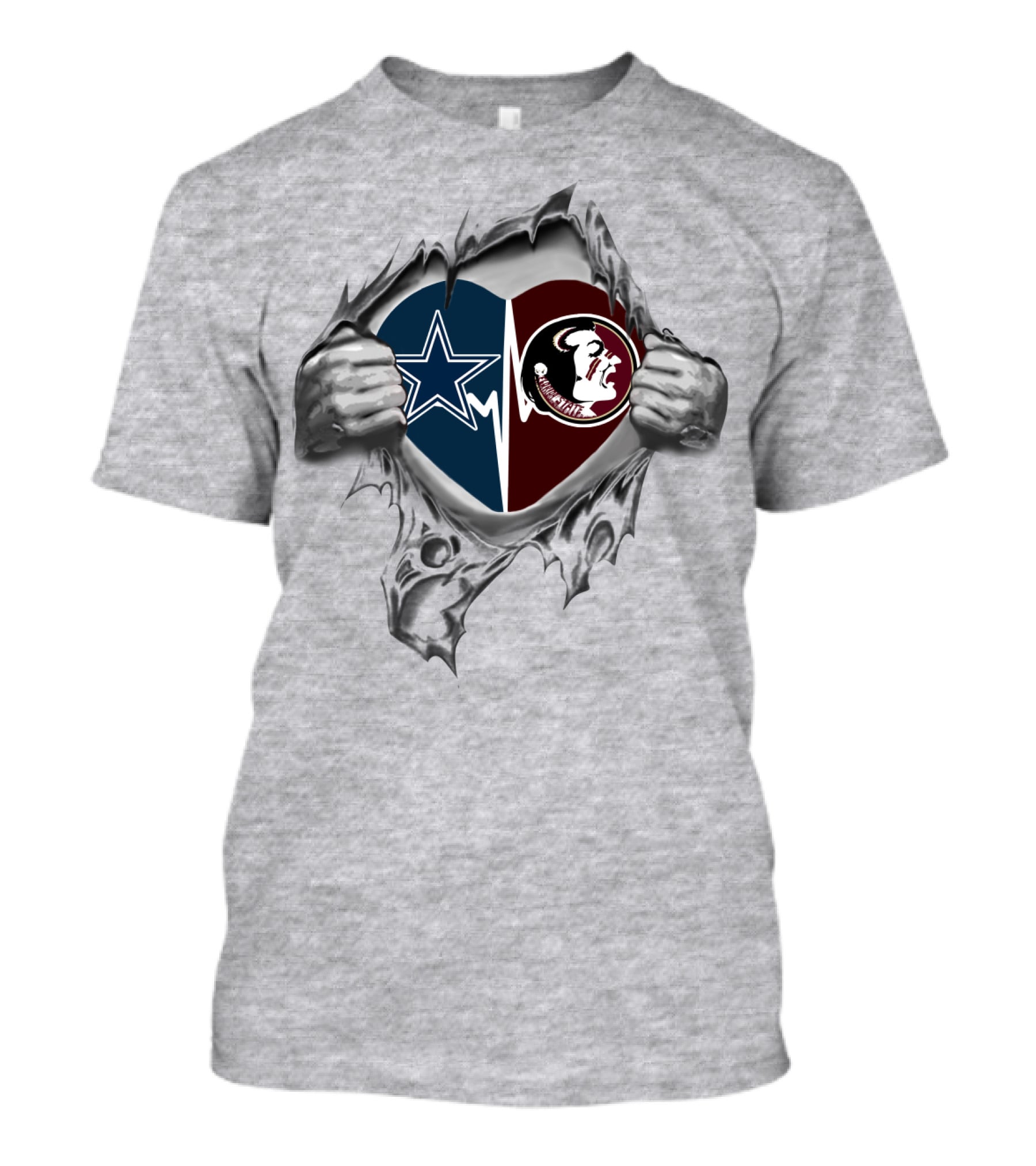 Cowboys Seminoles Heart Symbol With Team Logos Inside Ripped Hands T-Shirt