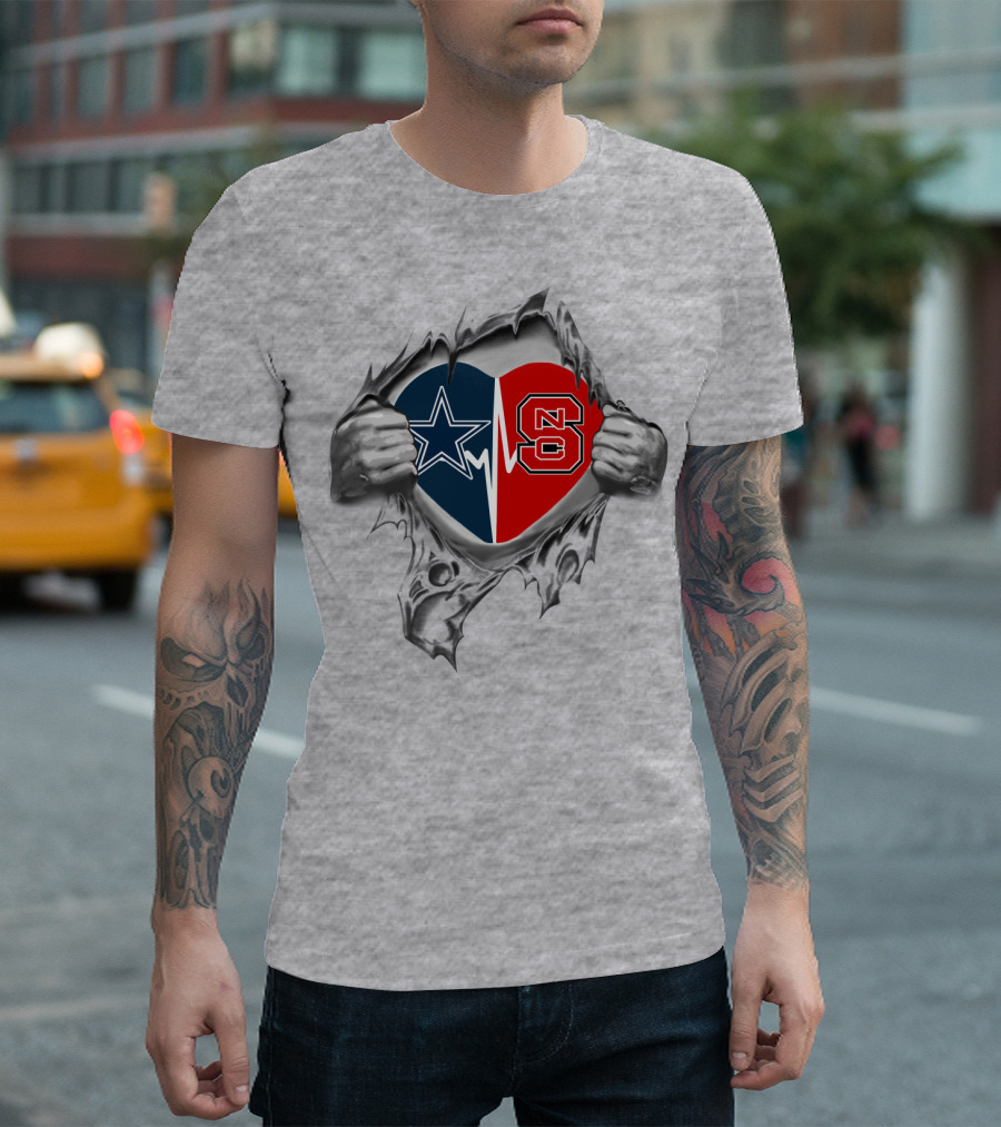 Cowboys NC State Heart Design with Star and Red T-Shirt