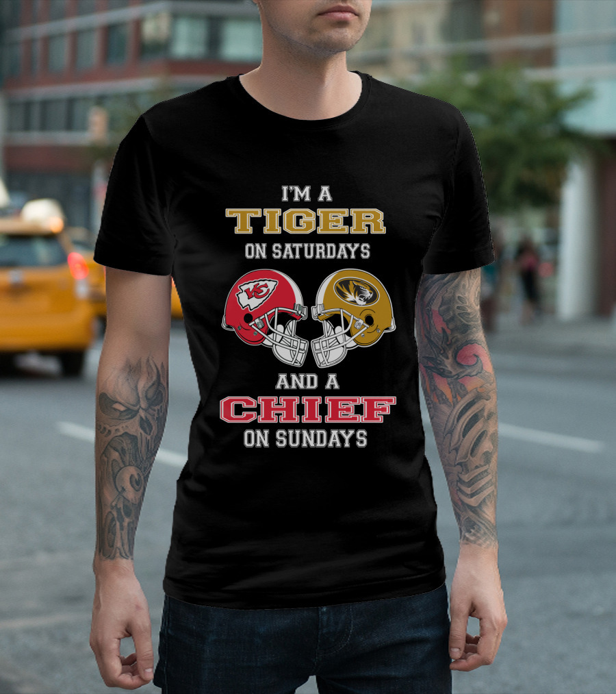 I'm A Tiger On Saturdays And A Chief On Sundays Missouri Kansas City Football Helmets T-Shirt