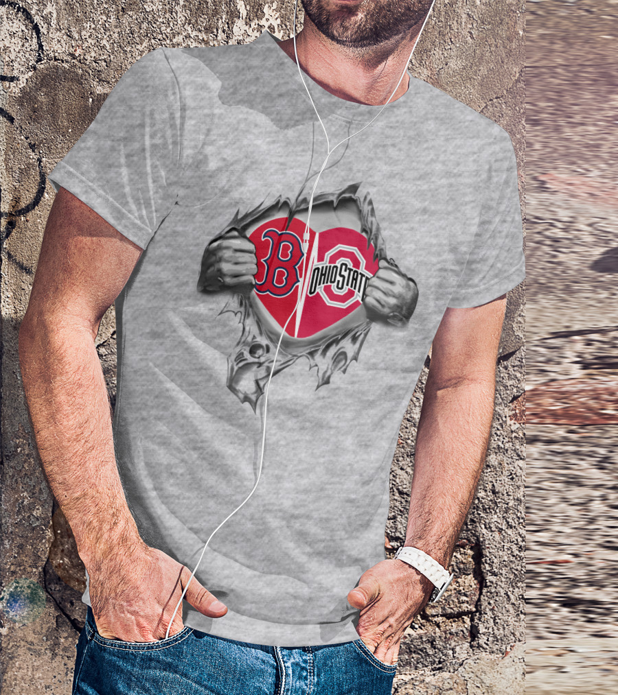 Boston Red Sox Ohio State Scarlet And Gray Heart Emblem Peeling Hands T-Shirt